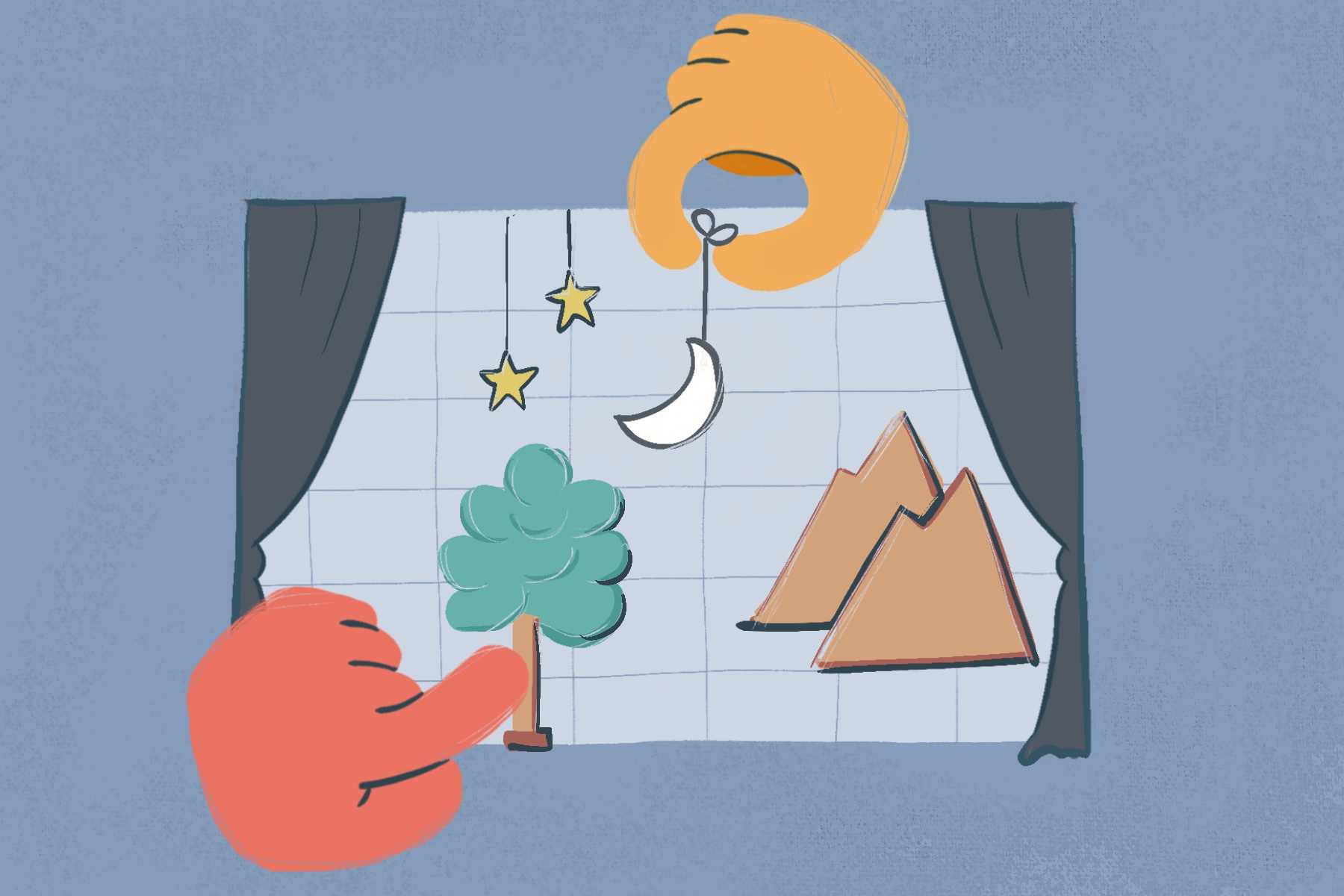 Illustration of grid with curtain at right and left side and hands placing elements of stars and moons on string, mountains and tree